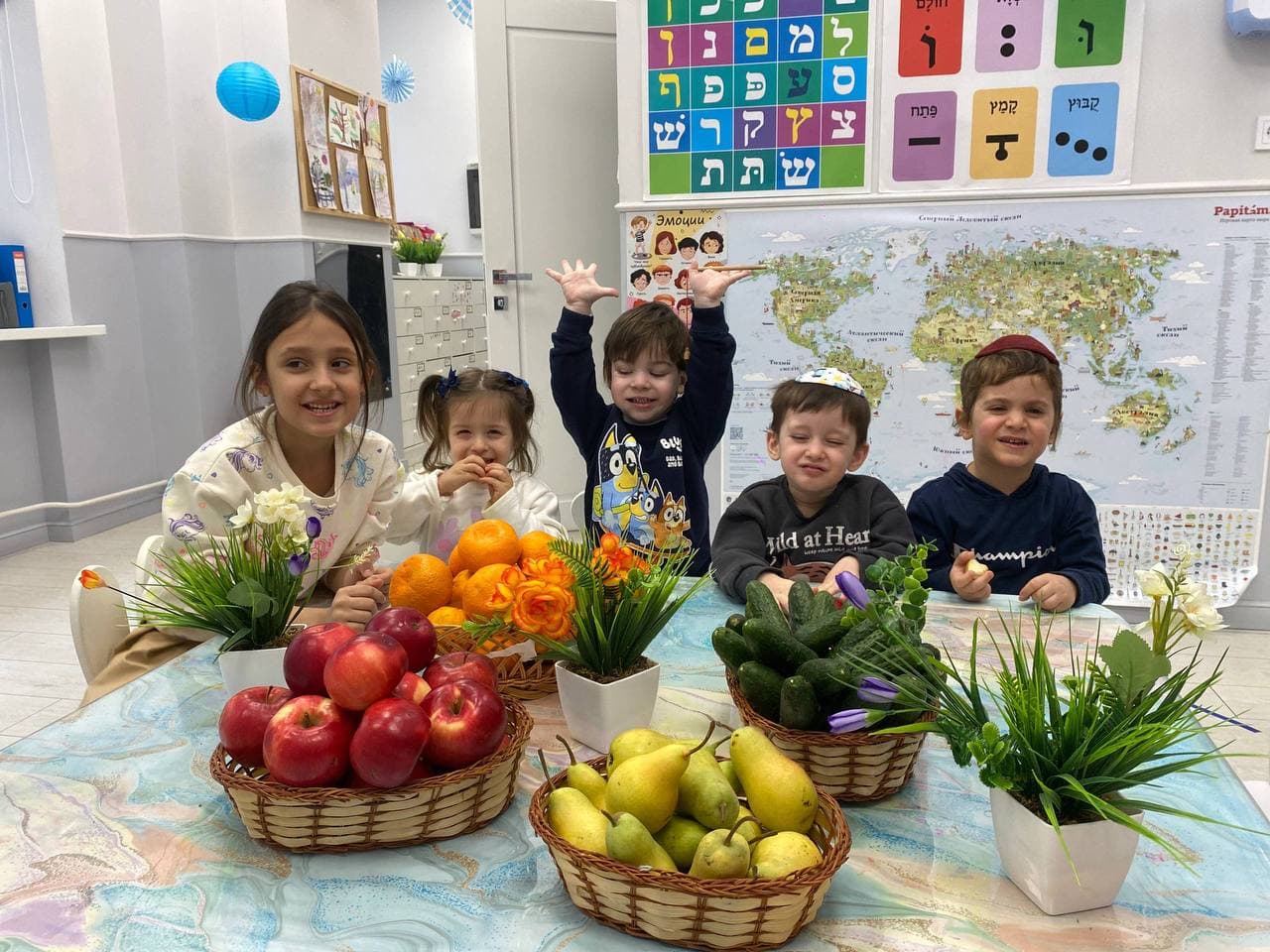 Дети-путешественники на фоне карты мира